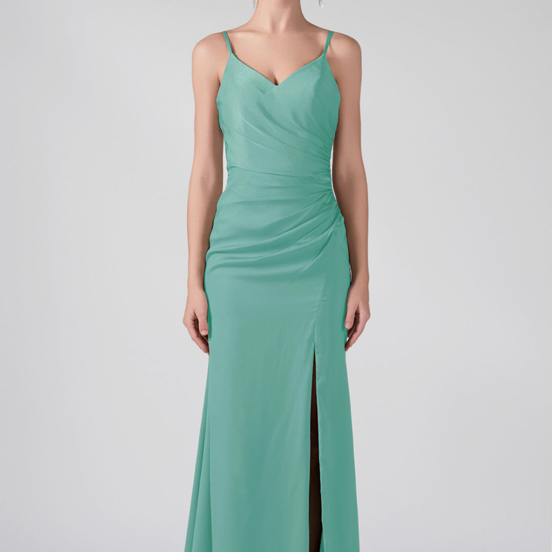V-Neck Spaghetti Straps Front Split Ruffles Maxi Dress