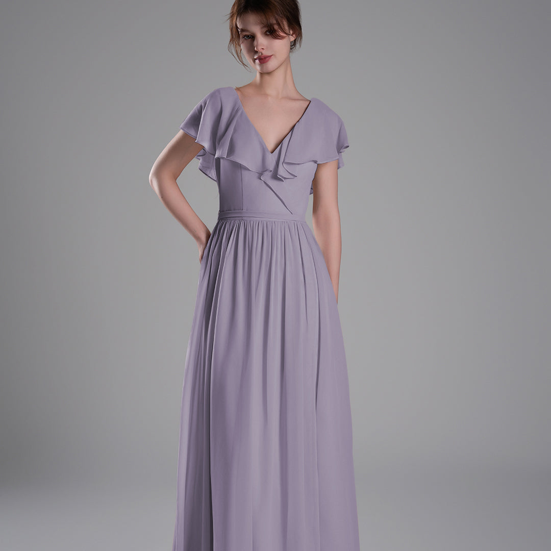 Deep V-Neckline Flutter Sleeves Tie Detail Dresses