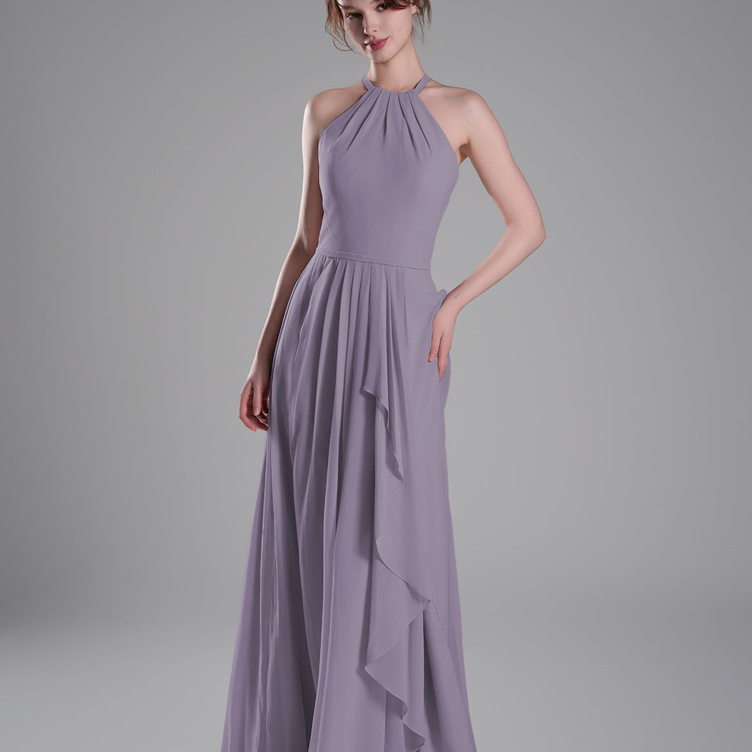 Halter Neckline Pleated Asymmetrical Ruffle Dresses