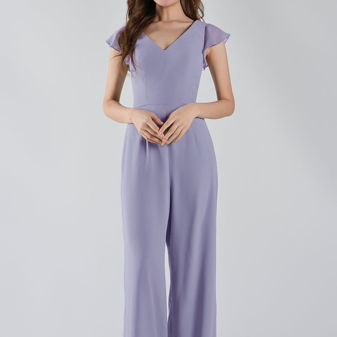 V-Neck Flutter Sleeves Wide-Leg Chiffon Jumpsuit