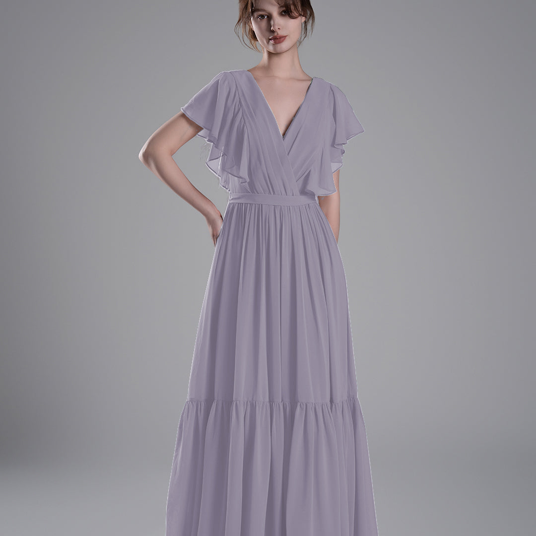 Elegant Ruffled V-Neck Chiffon Patchwork Maxi Dress