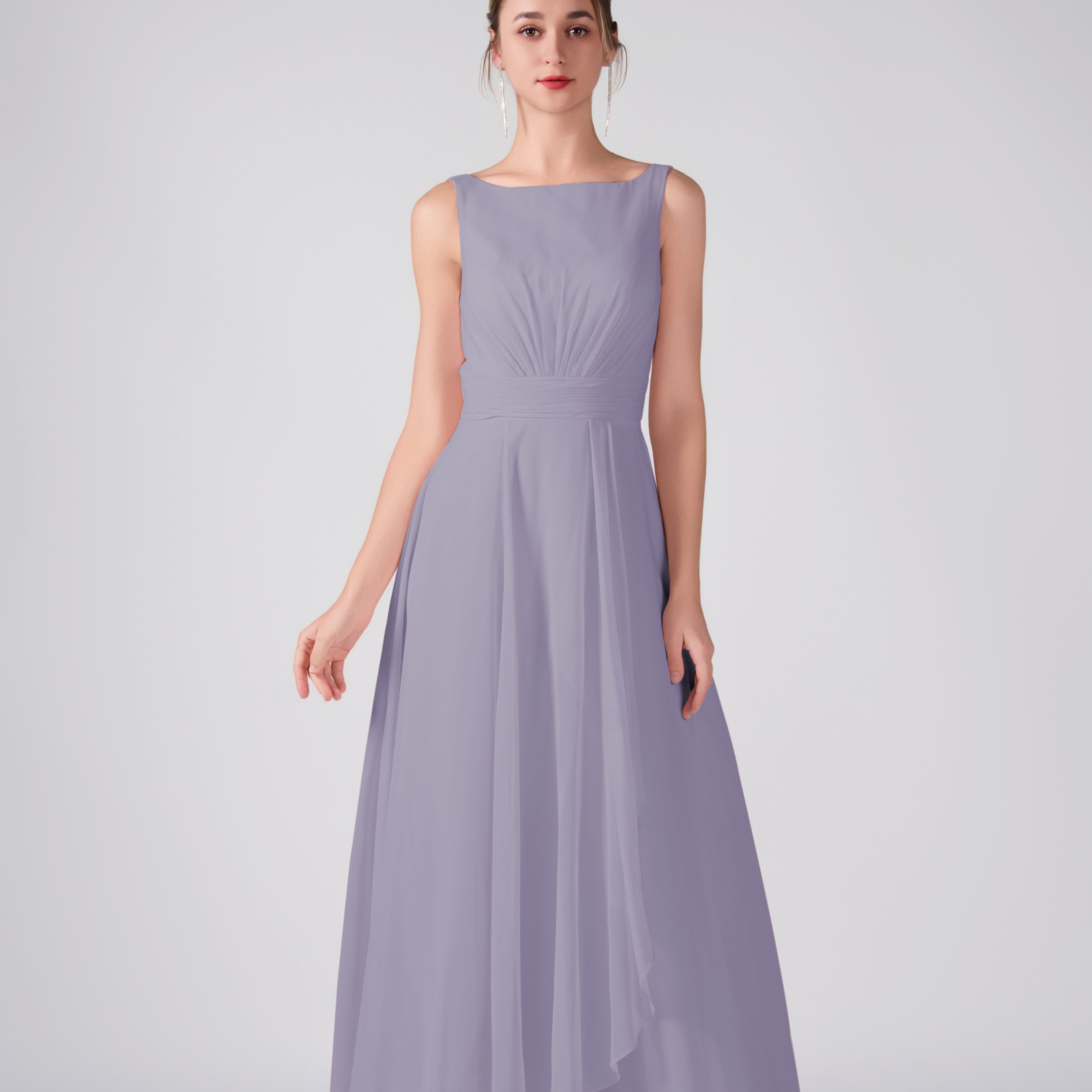 Bateau Neckline Sleeveless Ruched A-Line Maxi Dress