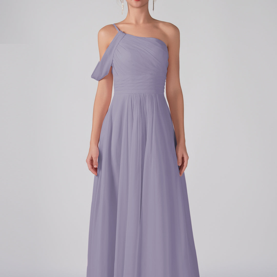 One Shoulder Off Shoulder Sleeve Ruched Bodice A-Line Maxi Dress