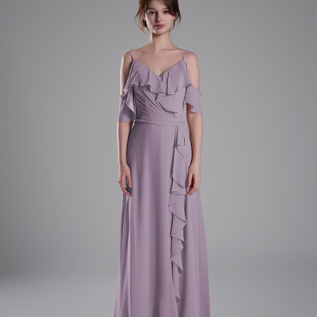 Adjustable Straps Ruffled Chiffon Long Dresses