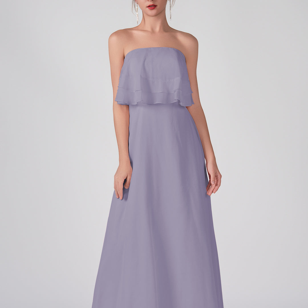 Robe trapèze en mousseline de soie sans bretelles à volants, longueur au sol