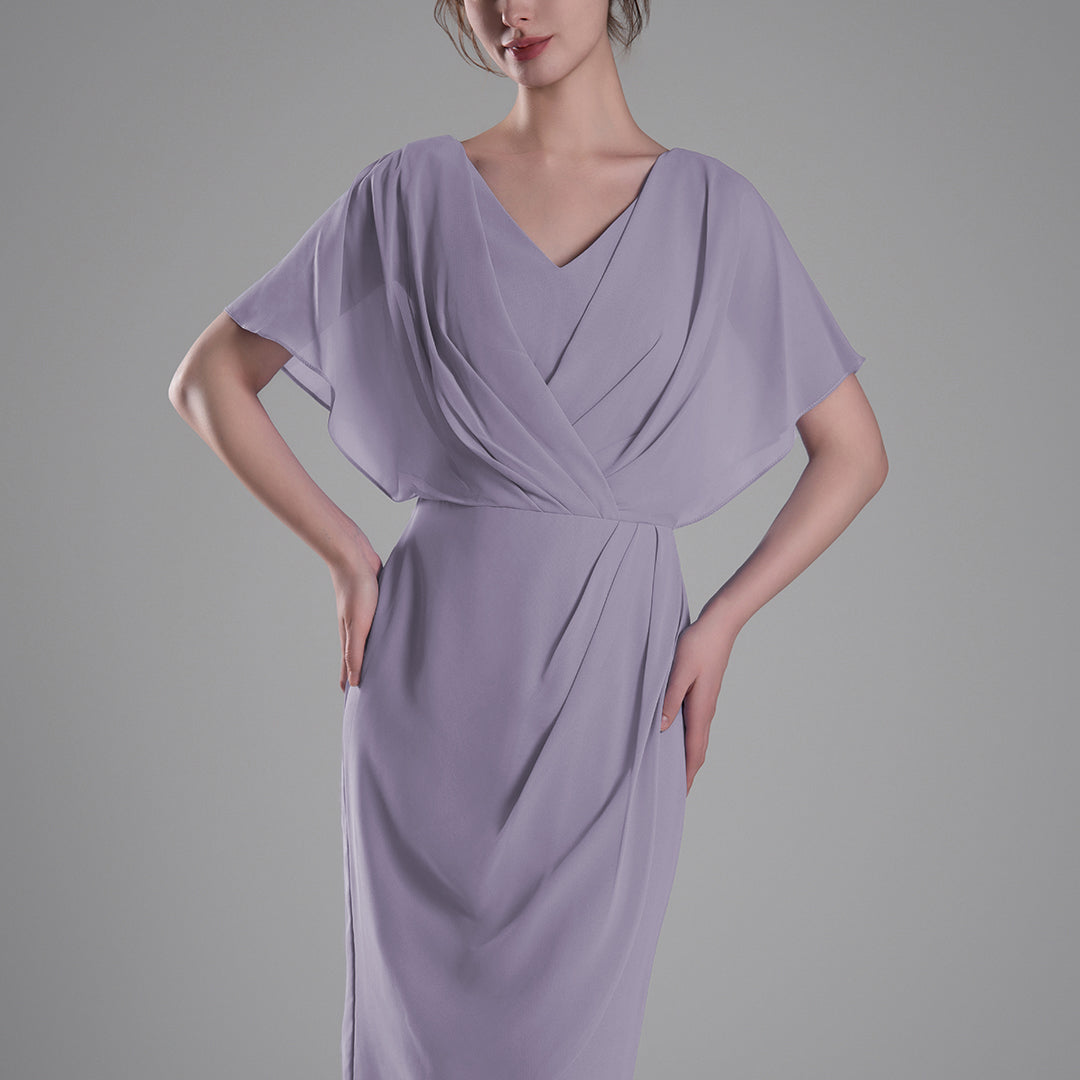 V-neck Pleated Cape Knee-length Dresses