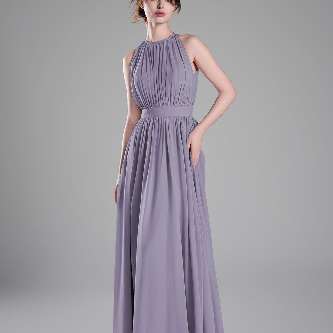 Halter Neckline Pleated Cinched Waist Dresses