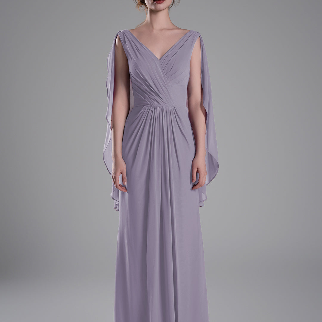 V-Neck Flowing Cape Sleeves Pleated Dress