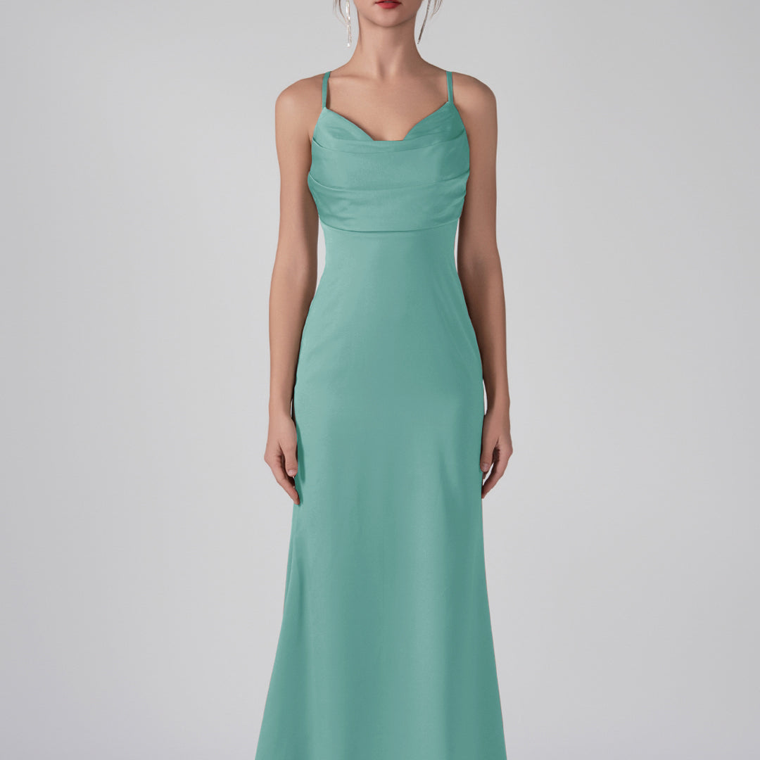 Spaghetti Straps Cowl Neck Ruffles Sheath Maxi Dress