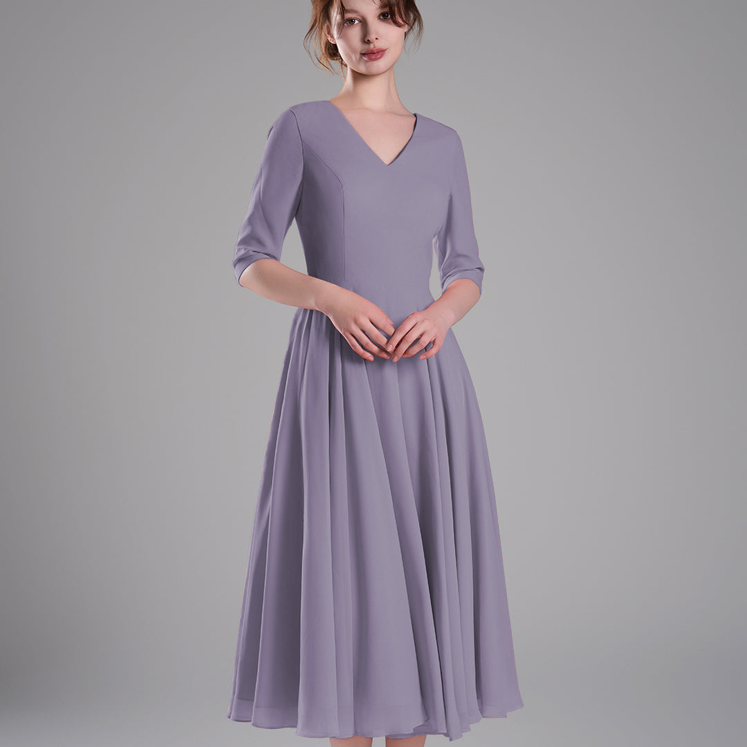 Elegant Chiffon Midi Dress with 3/4 Sleeves