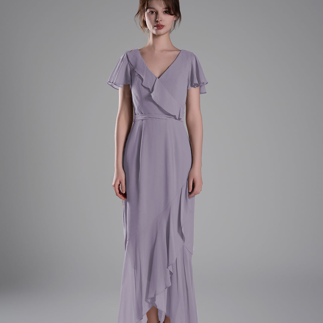 V-Neck Ruffled Detailing Pleated Patchwork Dresses