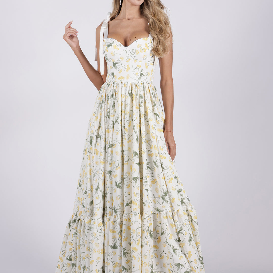 Wide Tie Sweetheart Neck Floral High Waist Patchwork A-Line Dress