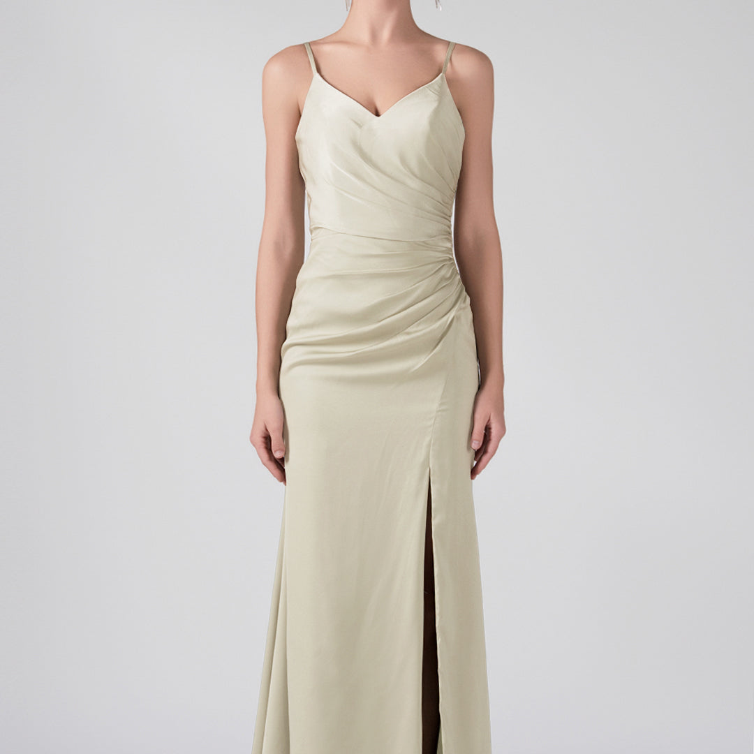 V-Neck Spaghetti Straps Front Split Ruffles Maxi Dress