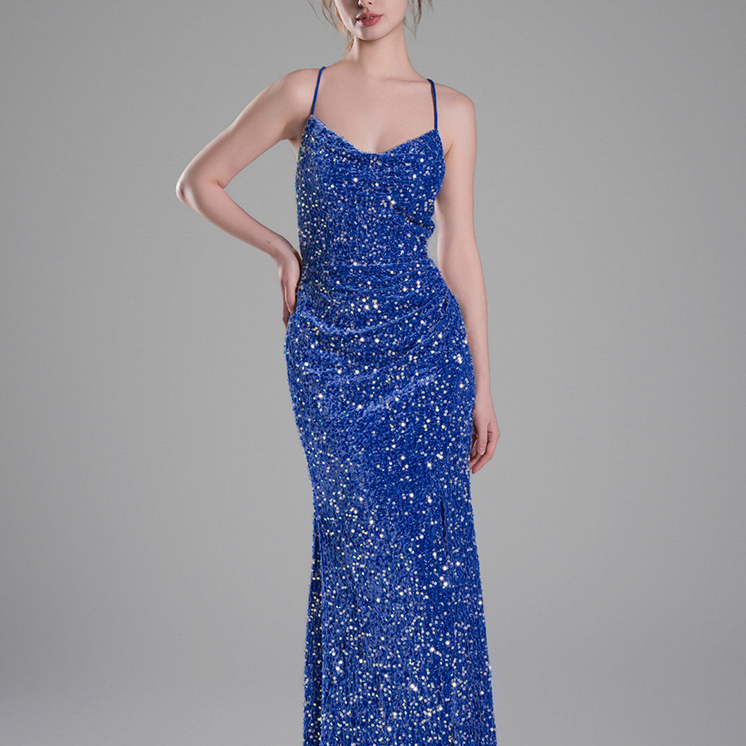 Cowl Neckline Eye-Catching Sequin Lace-Up Dresses