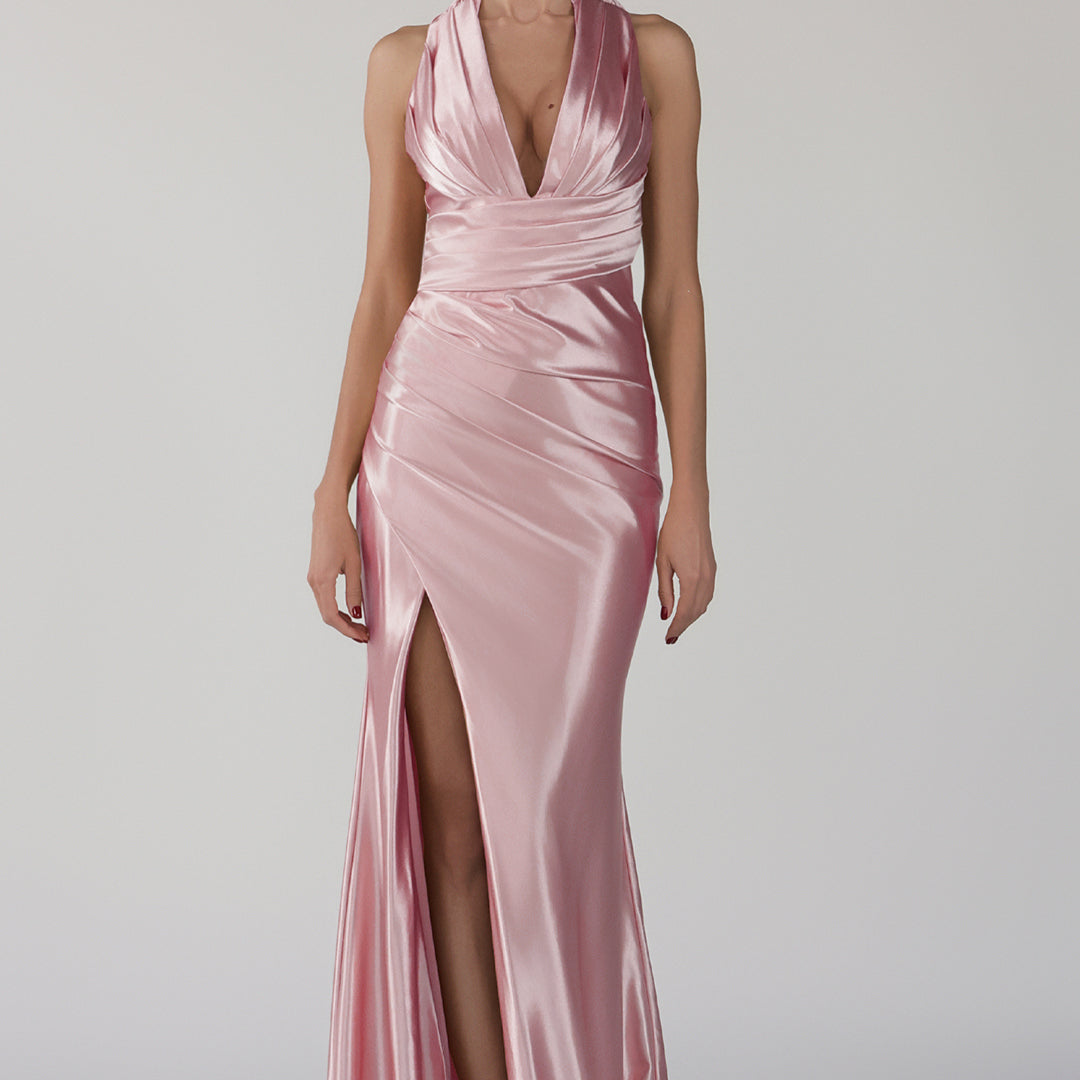 Robe de soirée à col en V et traîne nouée