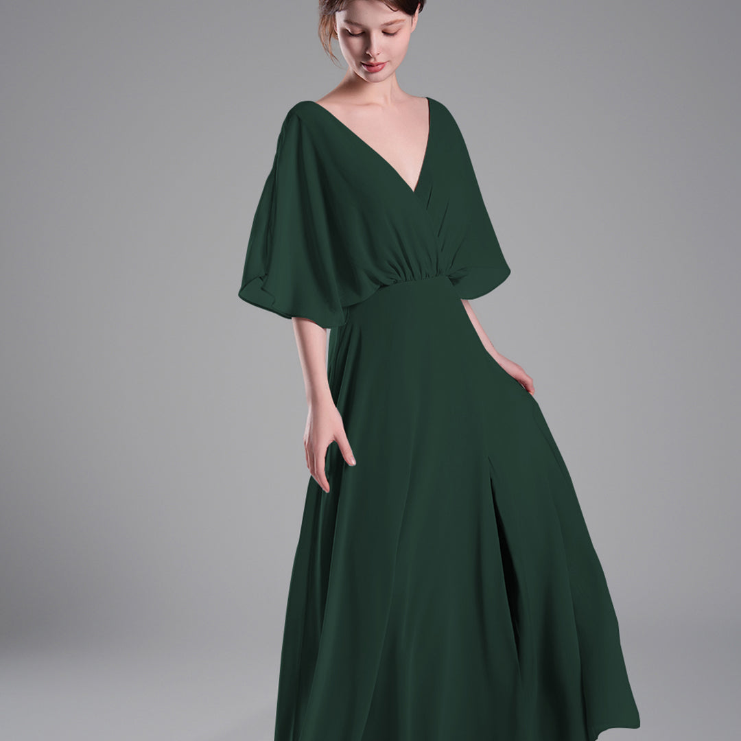 Draped Sleeves High Slit Backless Dresses