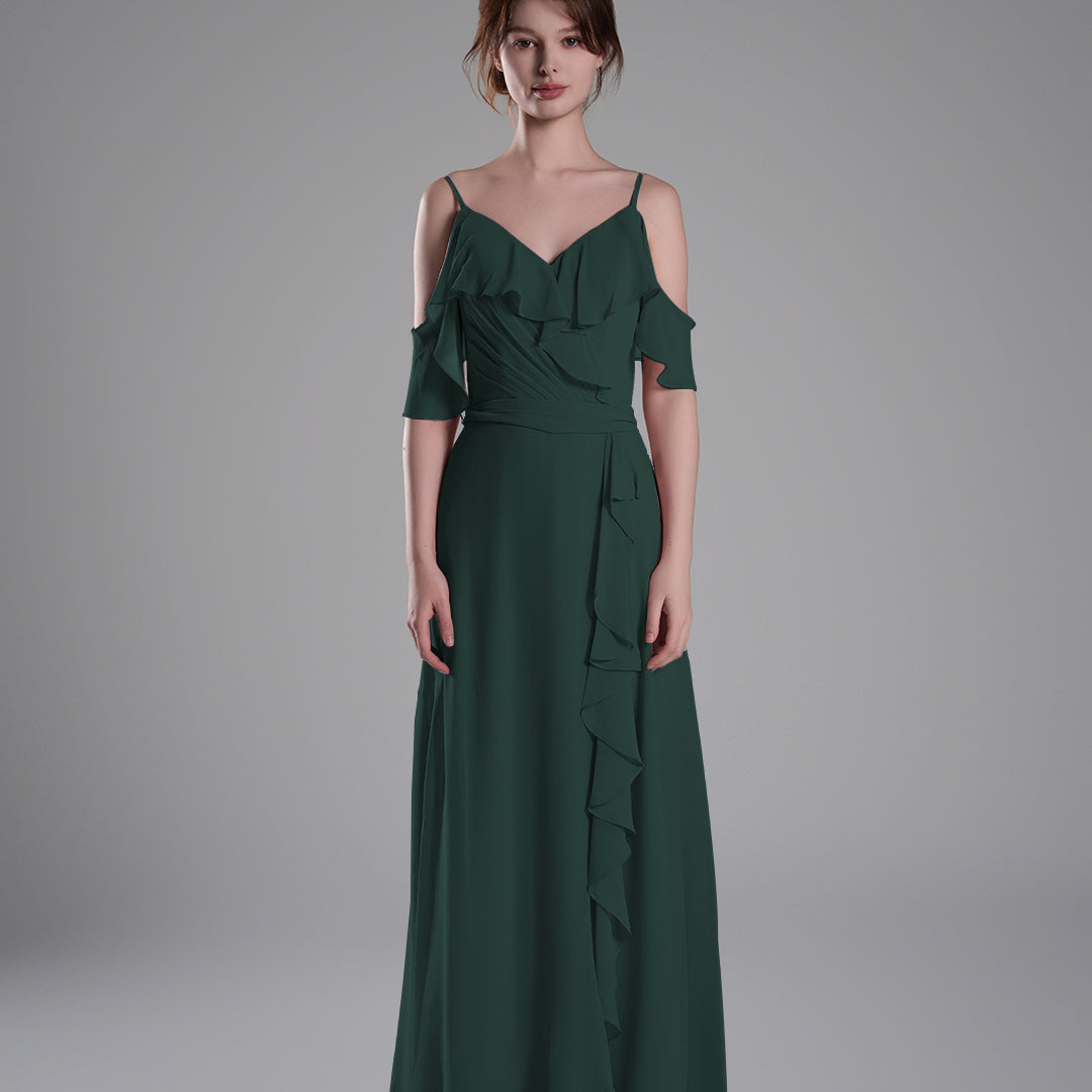 Adjustable Straps Ruffled Chiffon Long Dresses