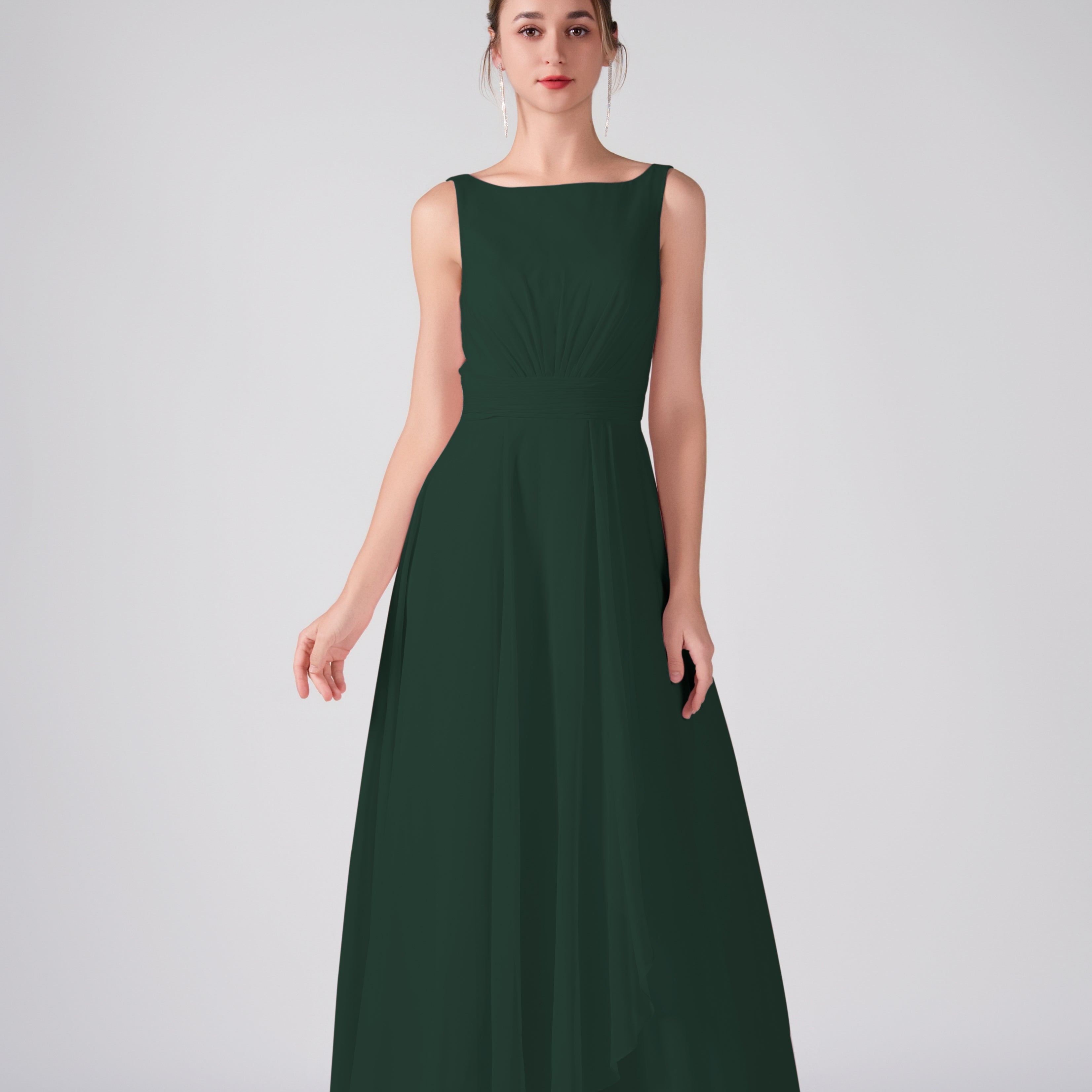 Bateau Neckline Sleeveless Ruched A-Line Maxi Dress