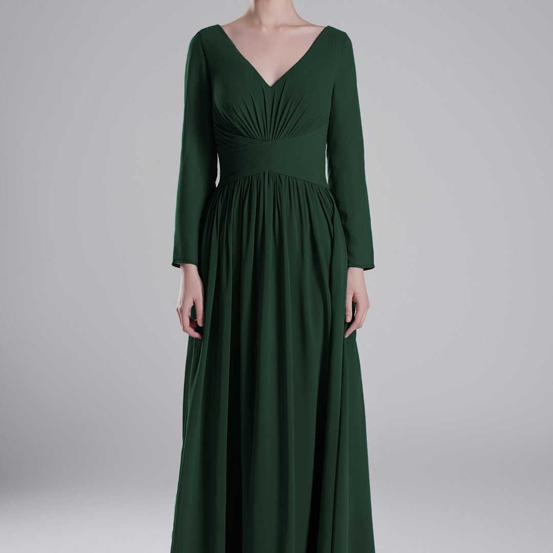 V-Neck Pleated Fitted Waist Flowing A-Line Dresses