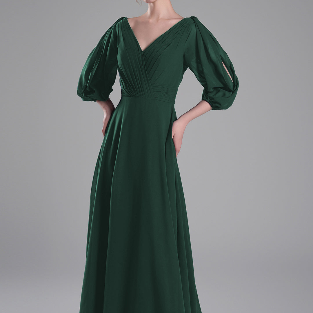 V-Neck Puffy Sleeves Pleated A-Line Dresses