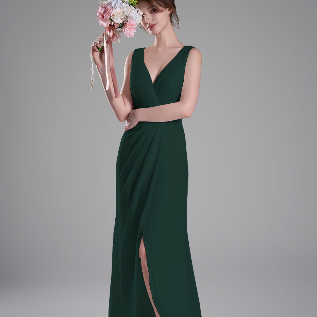 V-Neck Crossover Bodice Pleated Front Slit Dresses