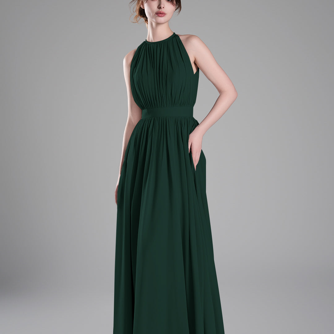 Halter Neckline Pleated Cinched Waist Dresses