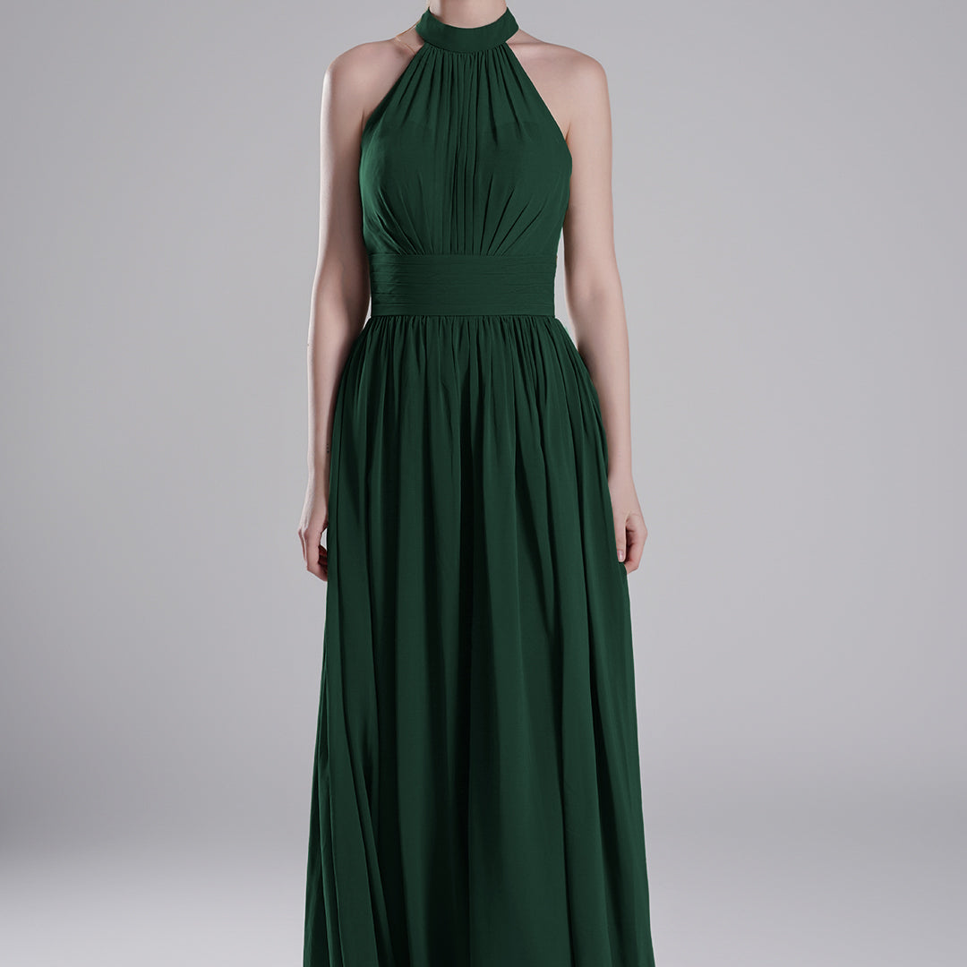 Halter Neckline Pleated Bodice Open Back A-Line Dresses