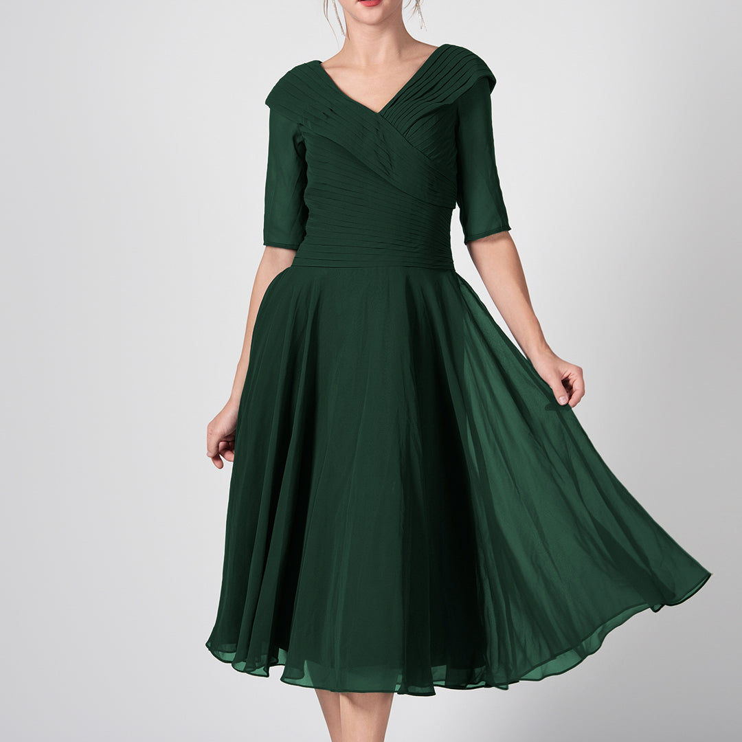 V-Neck Pleated A-Line Mother of the Bride Midi Dresses