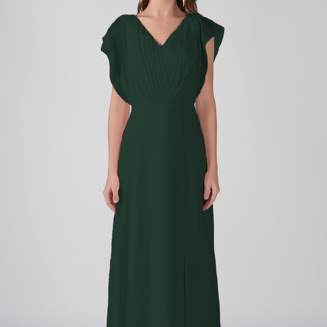 V-Neck Flutter Sleeves Pleats A-Line Maxi Dress