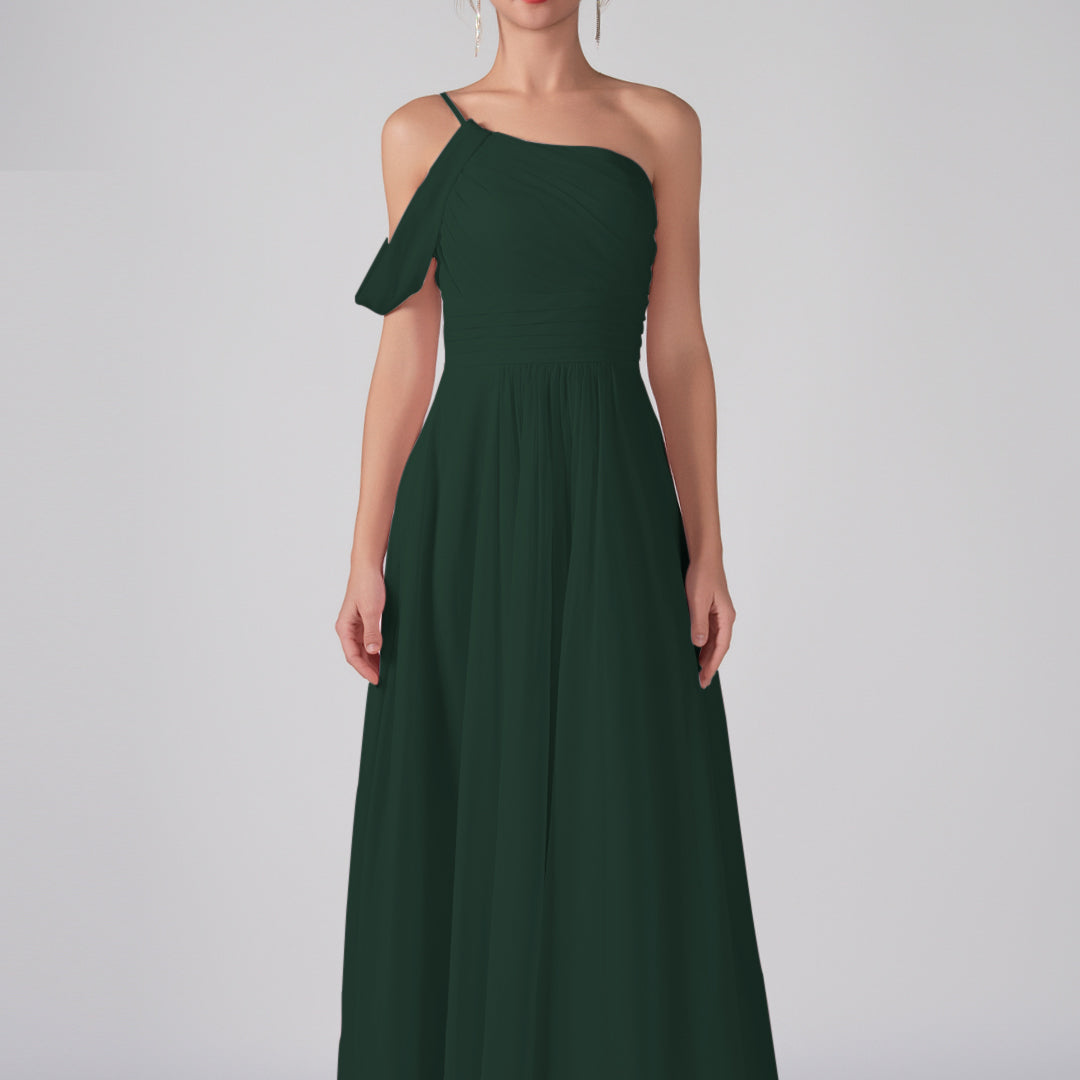 One Shoulder Off Shoulder Sleeve Ruched Bodice A-Line Maxi Dress