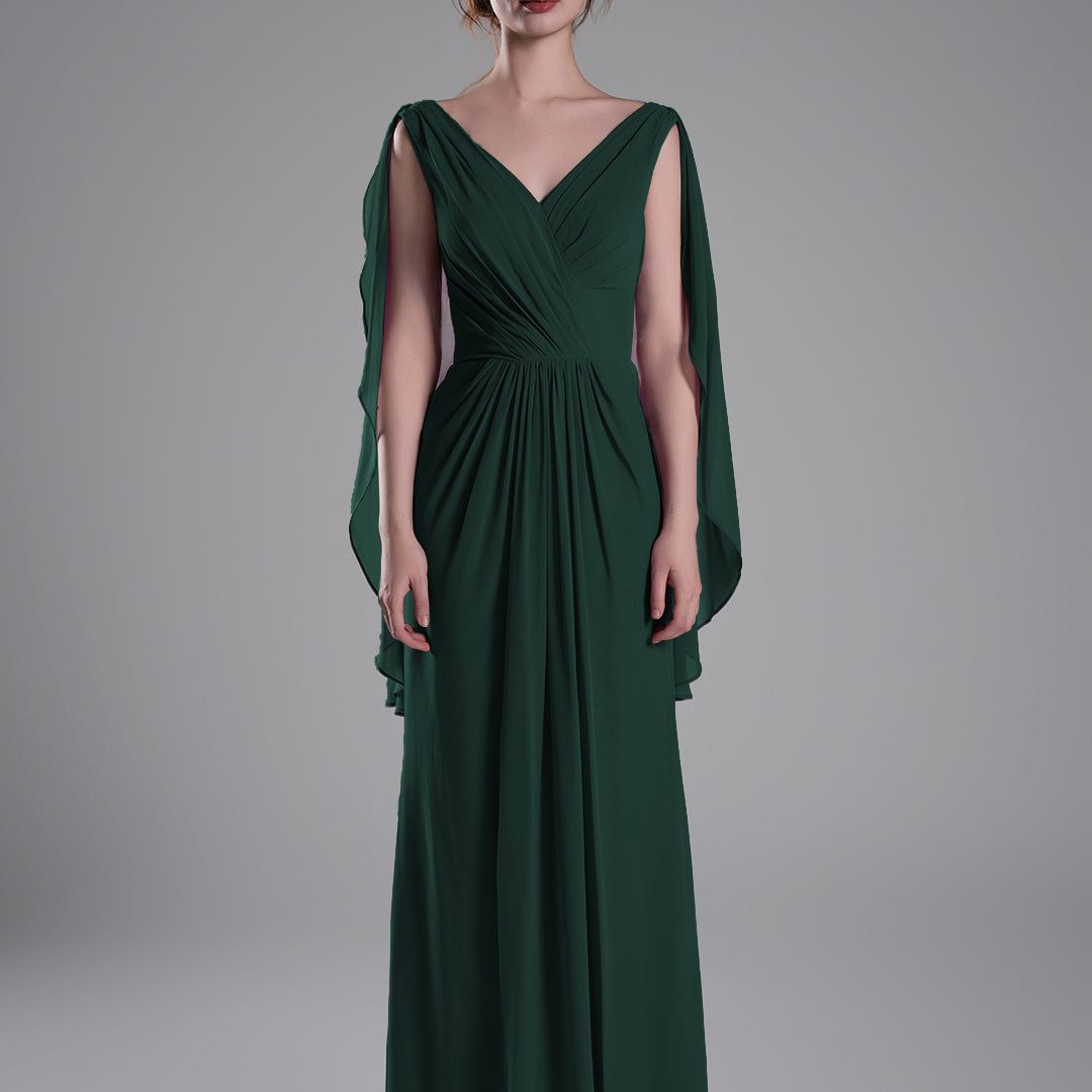 V-Neck Flowing Cape Sleeves Pleated Dress
