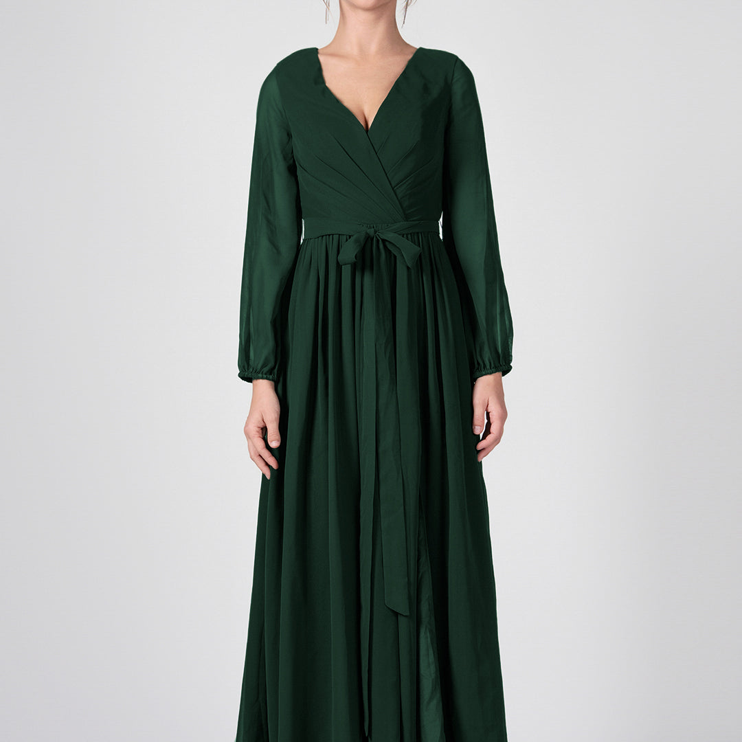 Ruched V-Neck Long Sleeve Split Maxi Dresses with Tie