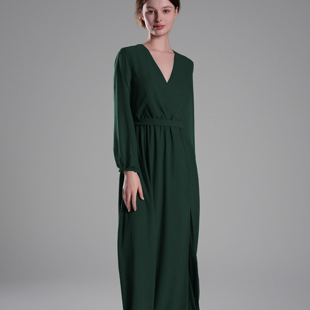 V-Neck Elegant Long Sleeves Flared Slit Dresses