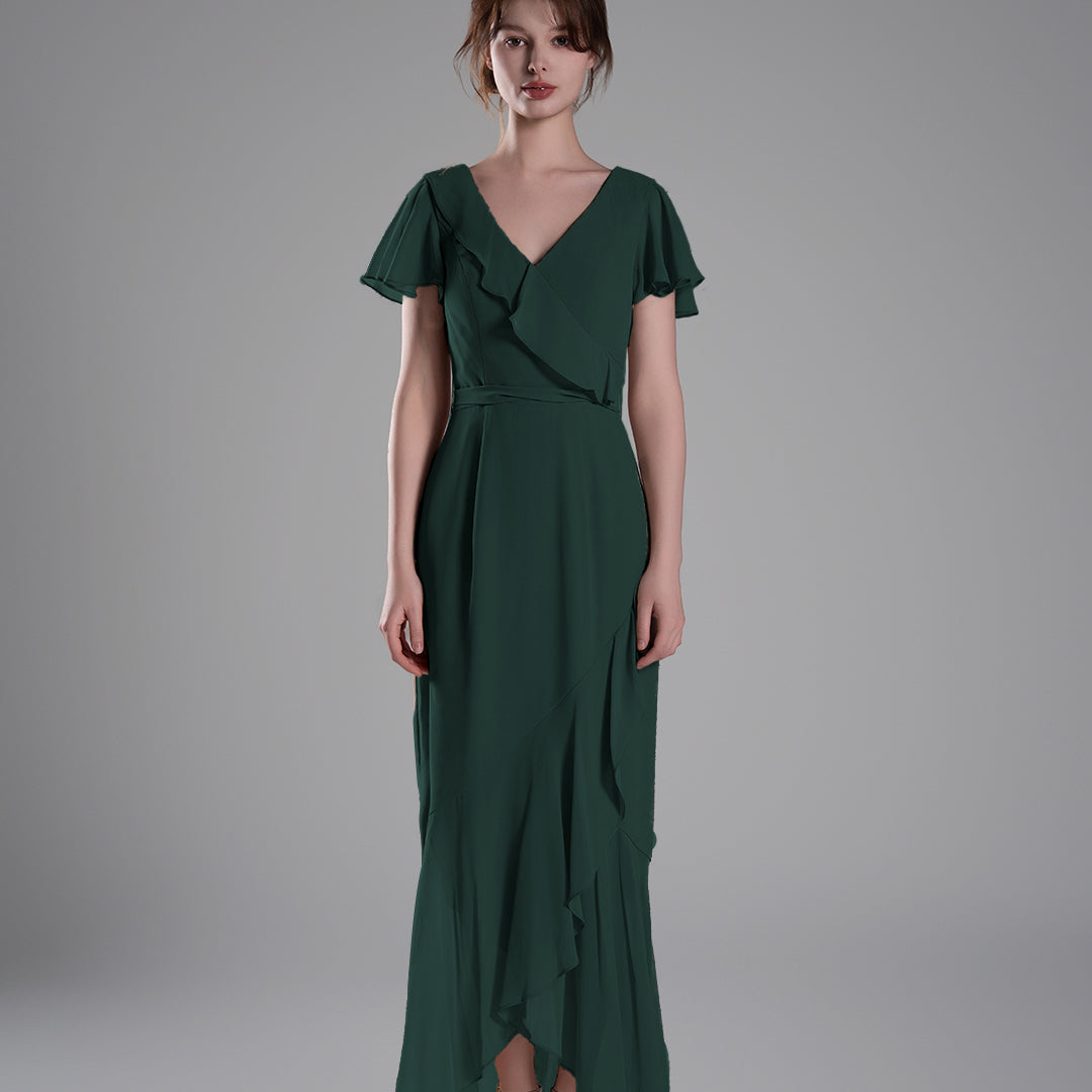 V-Neck Ruffled Detailing Pleated Patchwork Dresses