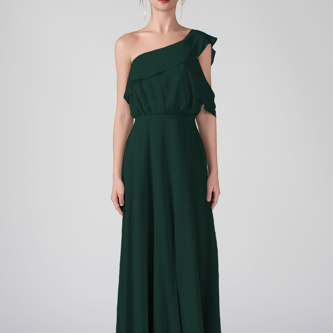 One Shoulder Ruffled Sleeves Front Split A-Line Maxi Dress