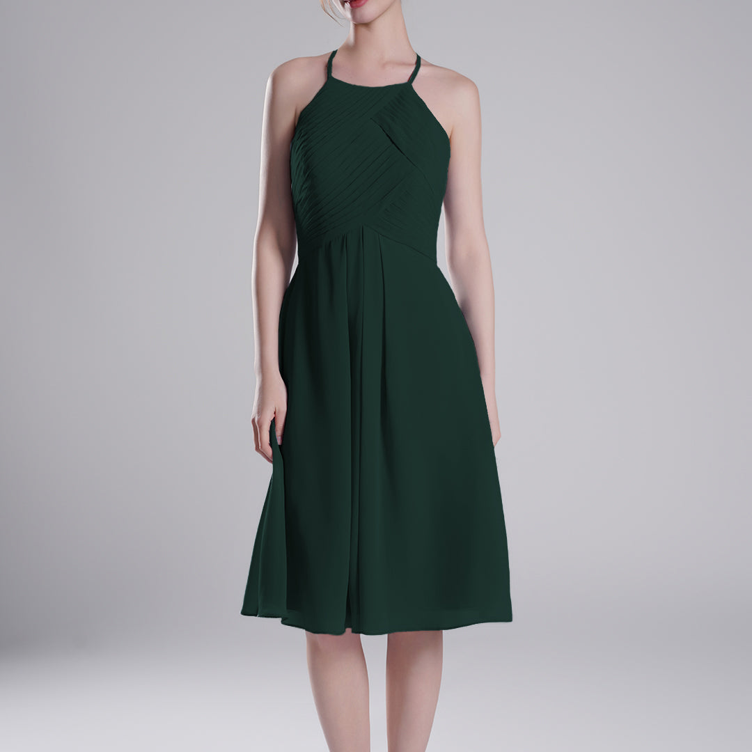 Halter Neckline Pleated Bodice Open Back Mini Dresses