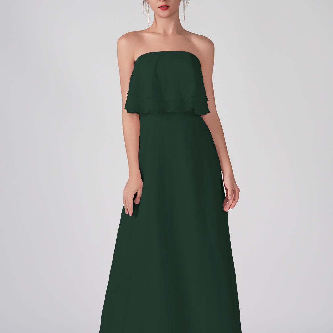 Robe trapèze en mousseline de soie sans bretelles à volants, longueur au sol