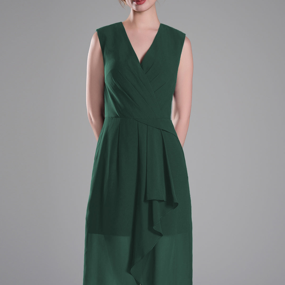 Sophisticated PleatedV-Neck Flared Hem Dress