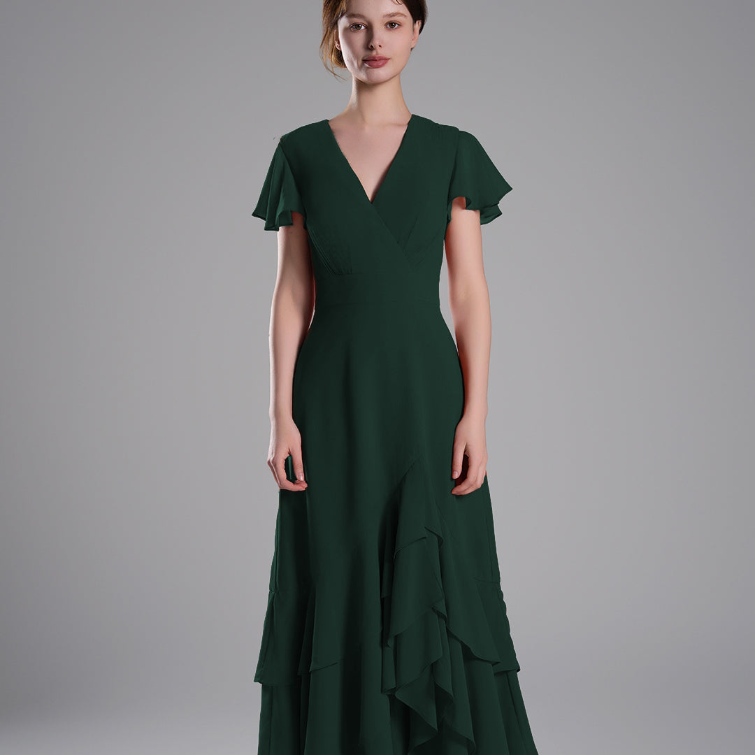 V-Neck Flutter Sleeves Asymmetrical Hemline Dresses