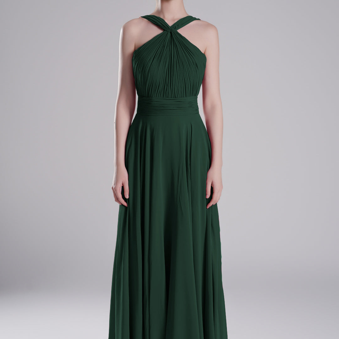 Halter Neck Cross Straps Pleated Waist A-Line Dresses