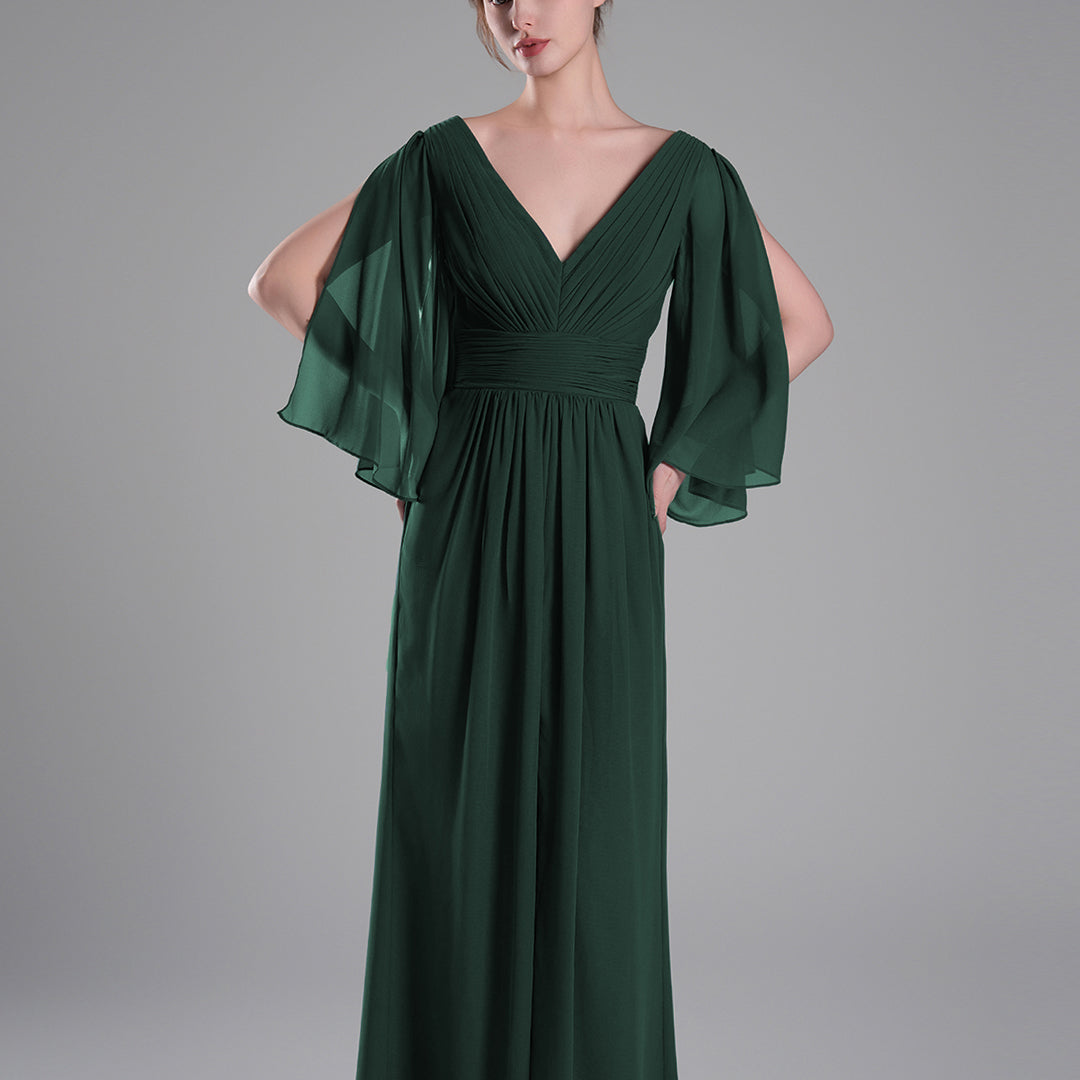 Flowing Chiffon Sleeves Ruched Waistline Slit Dresses
