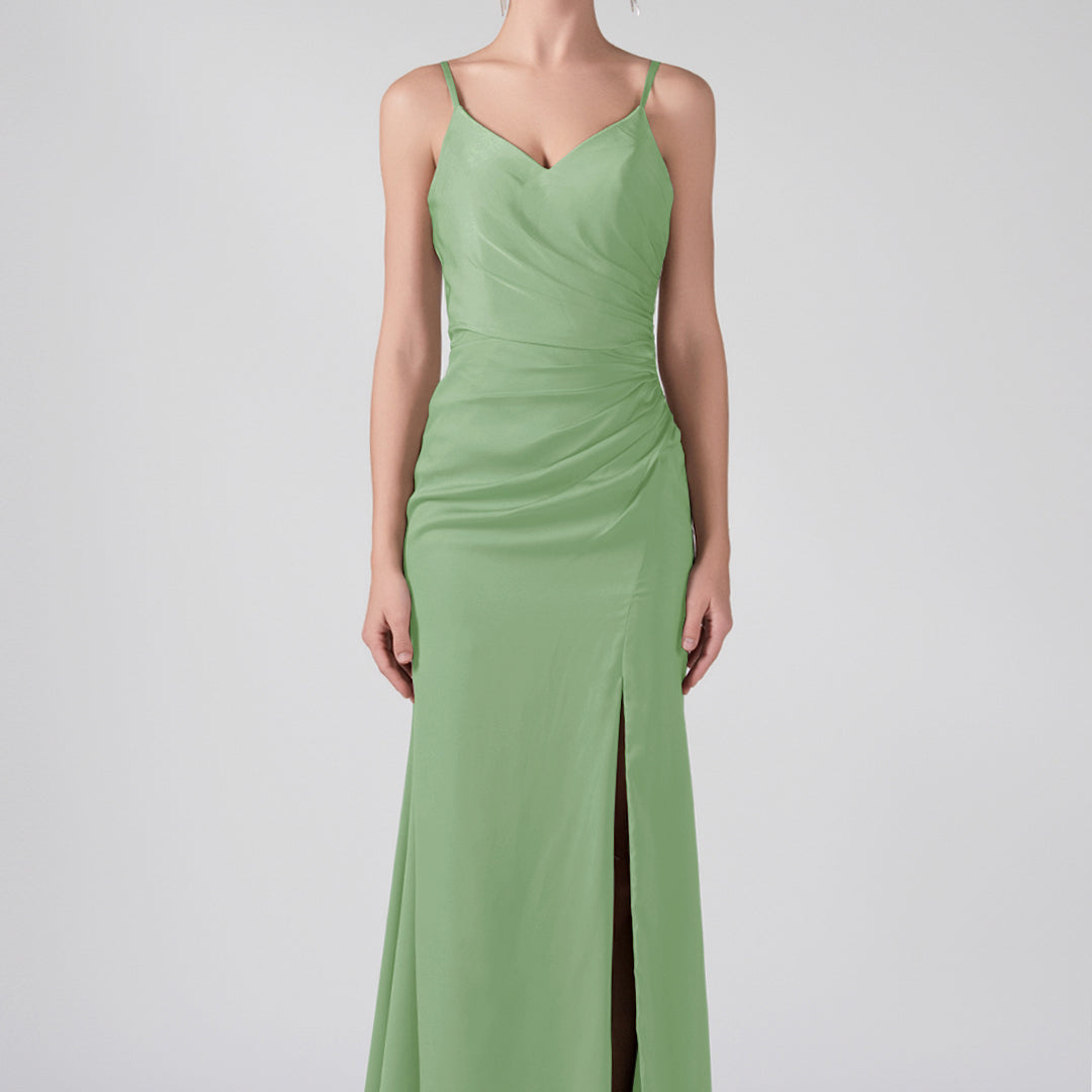 V-Neck Spaghetti Straps Front Split Ruffles Maxi Dress