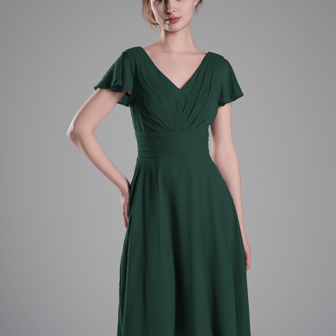 Flutter Sleeves Pleated V-Cut Back Mini Dresses