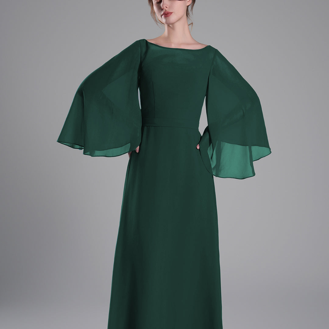 Boat Neckline Bell Sleeves Floor-Length A-Line Dresses