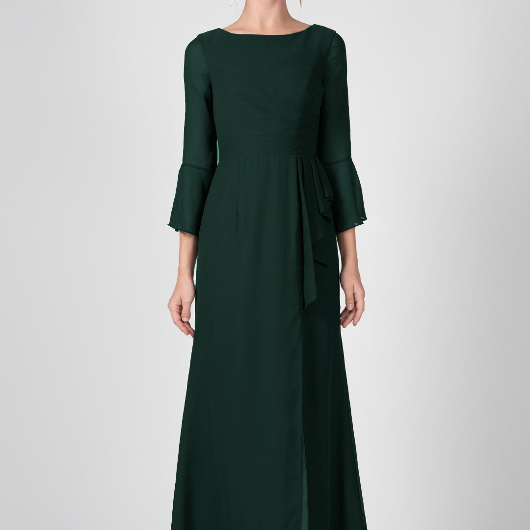 Bateau Neck Sheer Sleeve Split Maxi Dresses