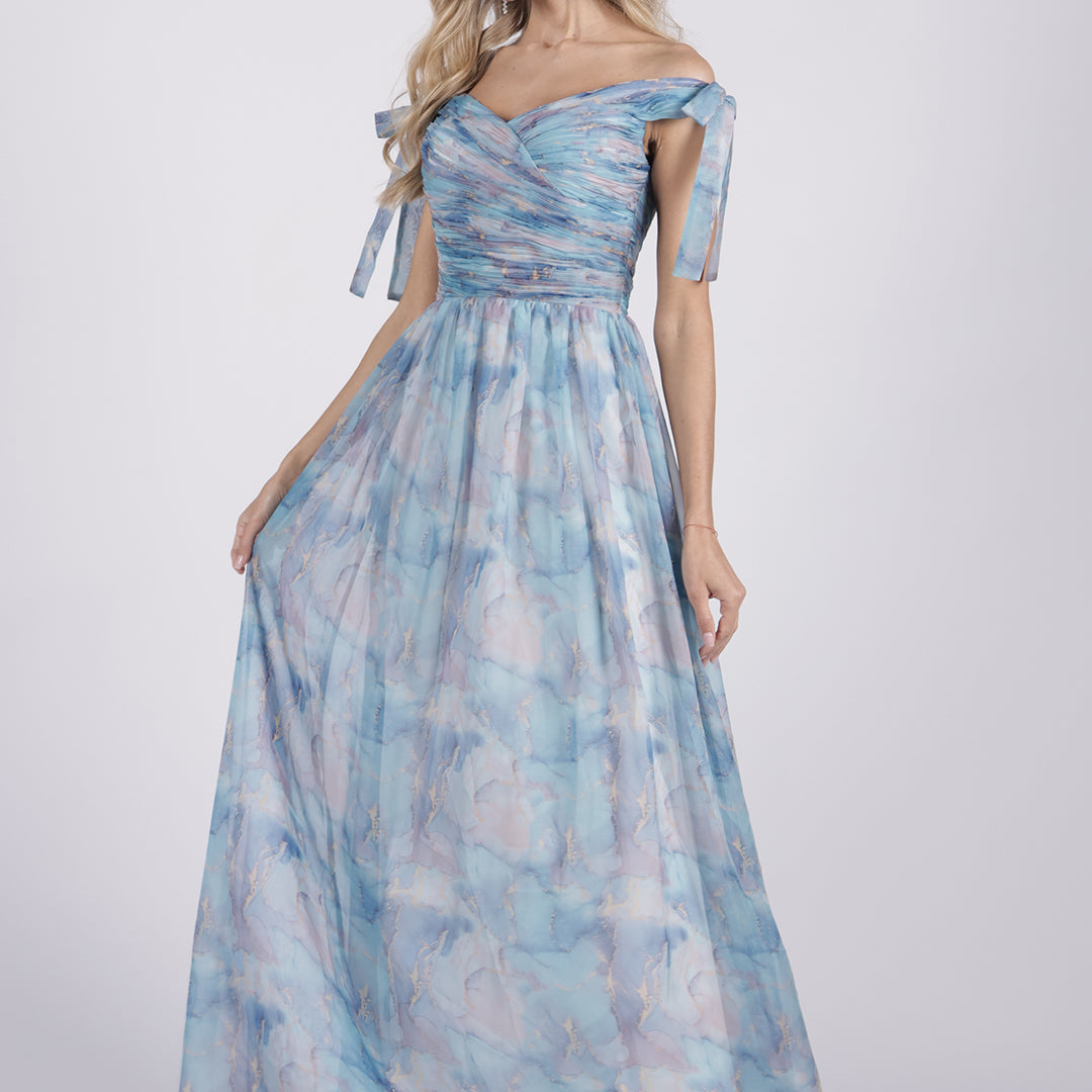 Off Shoulder A-Line Heart Collar Wide Straps Bow Floor Length Dress