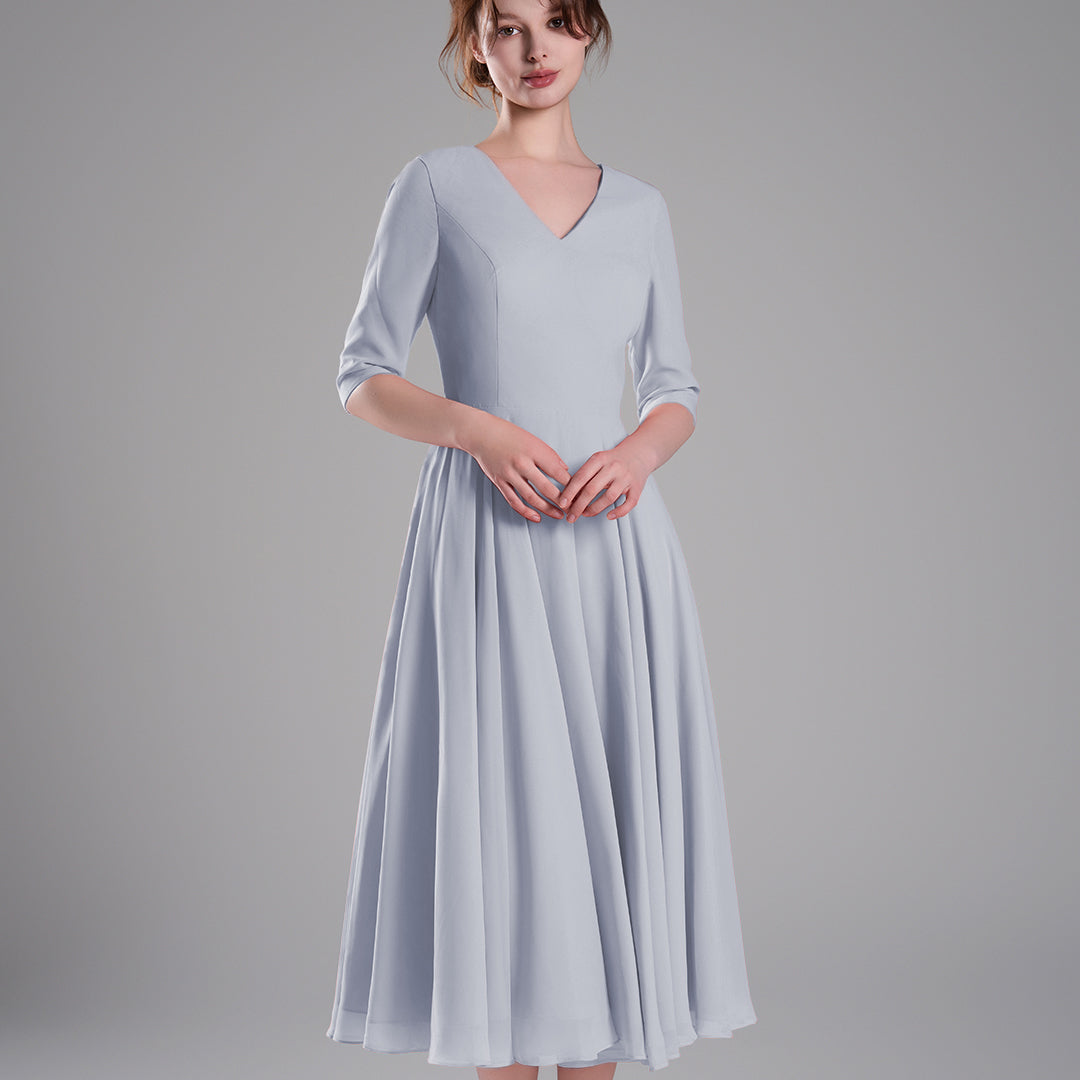 Elegant Chiffon Midi Dress with 3/4 Sleeves