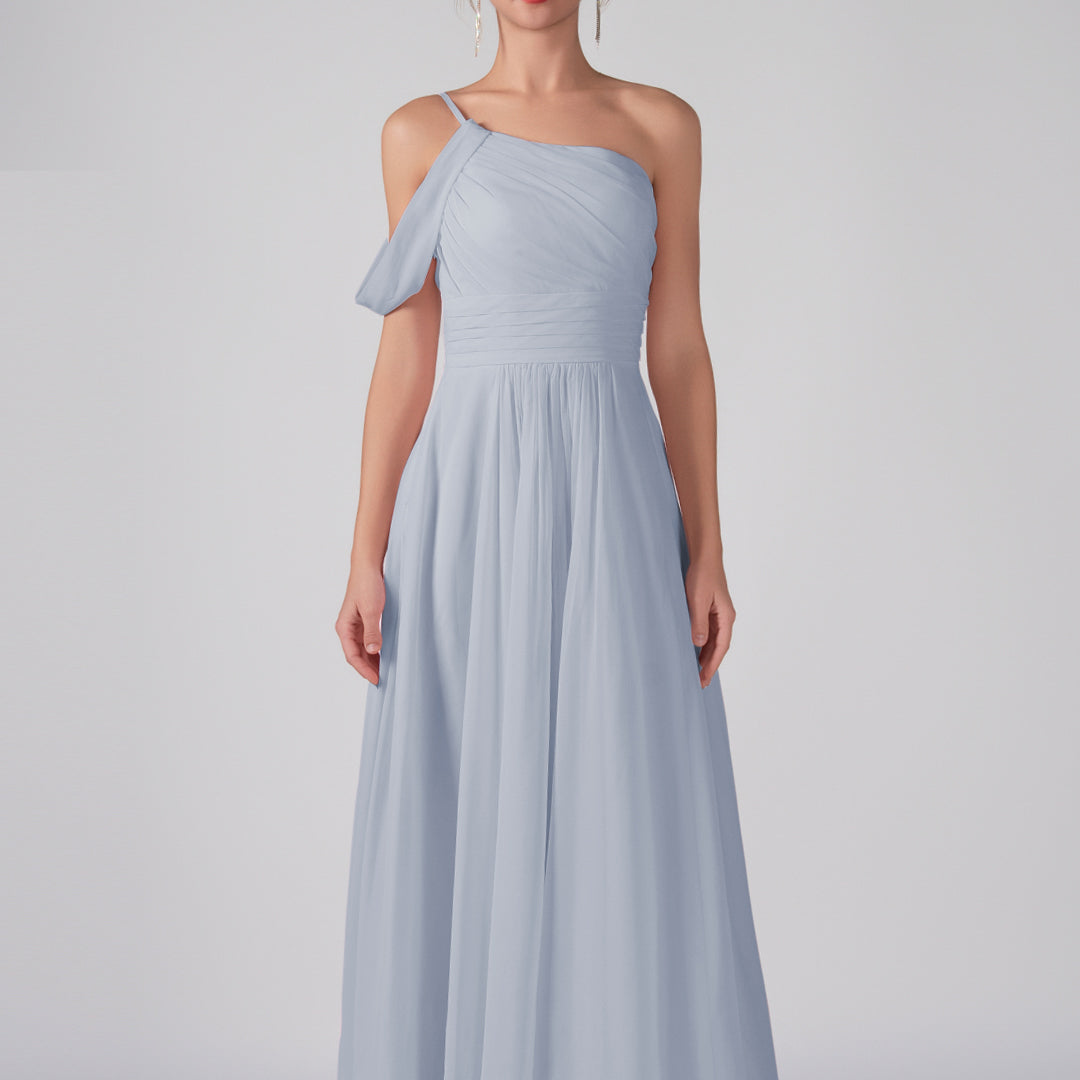 One Shoulder Off Shoulder Sleeve Ruched Bodice A-Line Maxi Dress