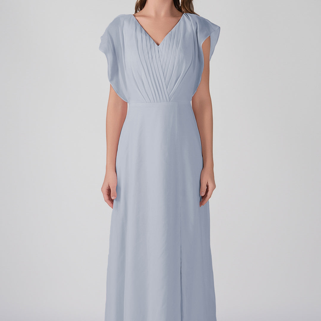 V-Neck Flutter Sleeves Pleats A-Line Maxi Dress