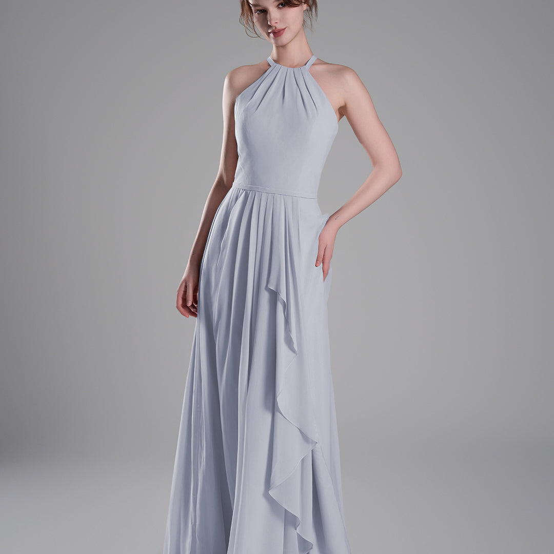 Halter Neckline Pleated Asymmetrical Ruffle Dresses